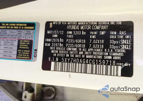 2012 Hyundai Santa Fe Se z USA, uszkodzony, nr VIN 5XYZHDAG4CG159718